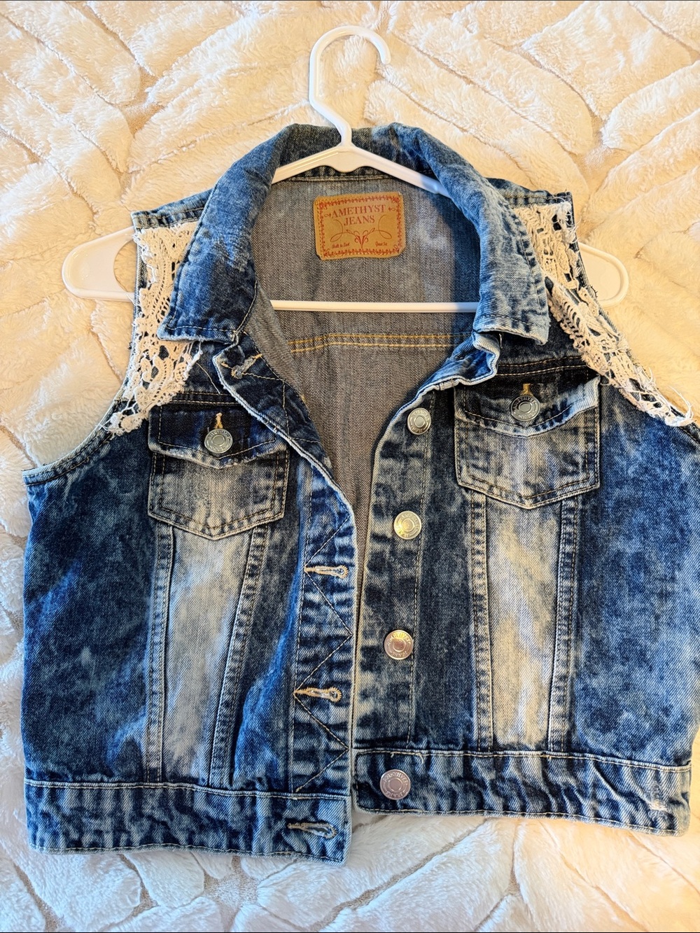 Amethyst Jeans Acid-Wash Blue Denim Vest with White Crochet Shoulders